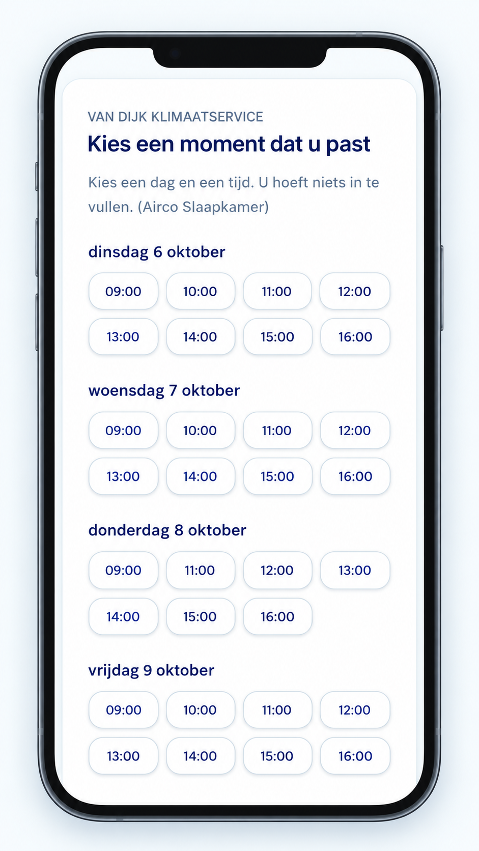 Boekingspagina waarop een klant zelf een afspraakmoment kiest