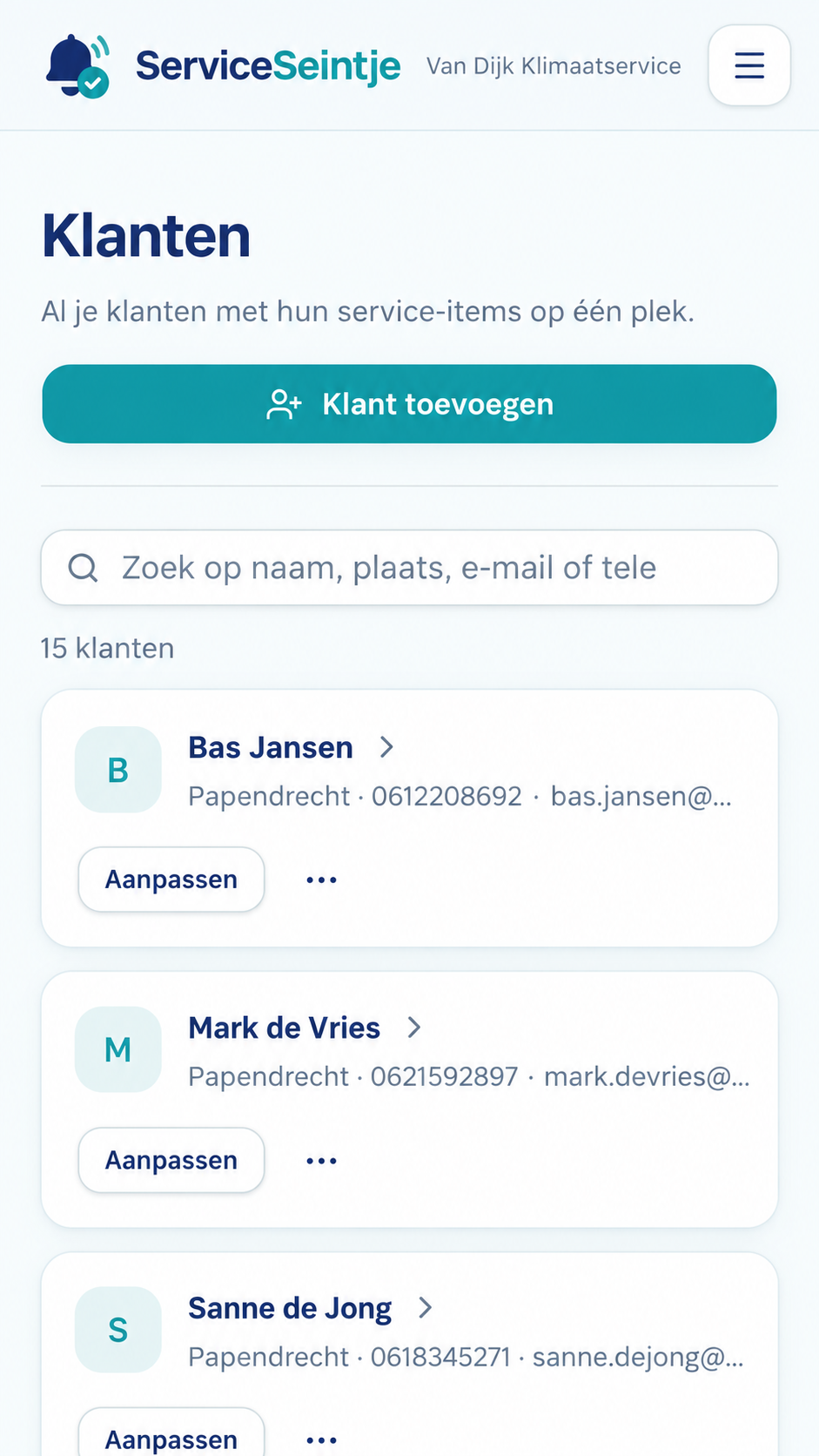 ServiceSeintje klantenoverzicht op telefoon