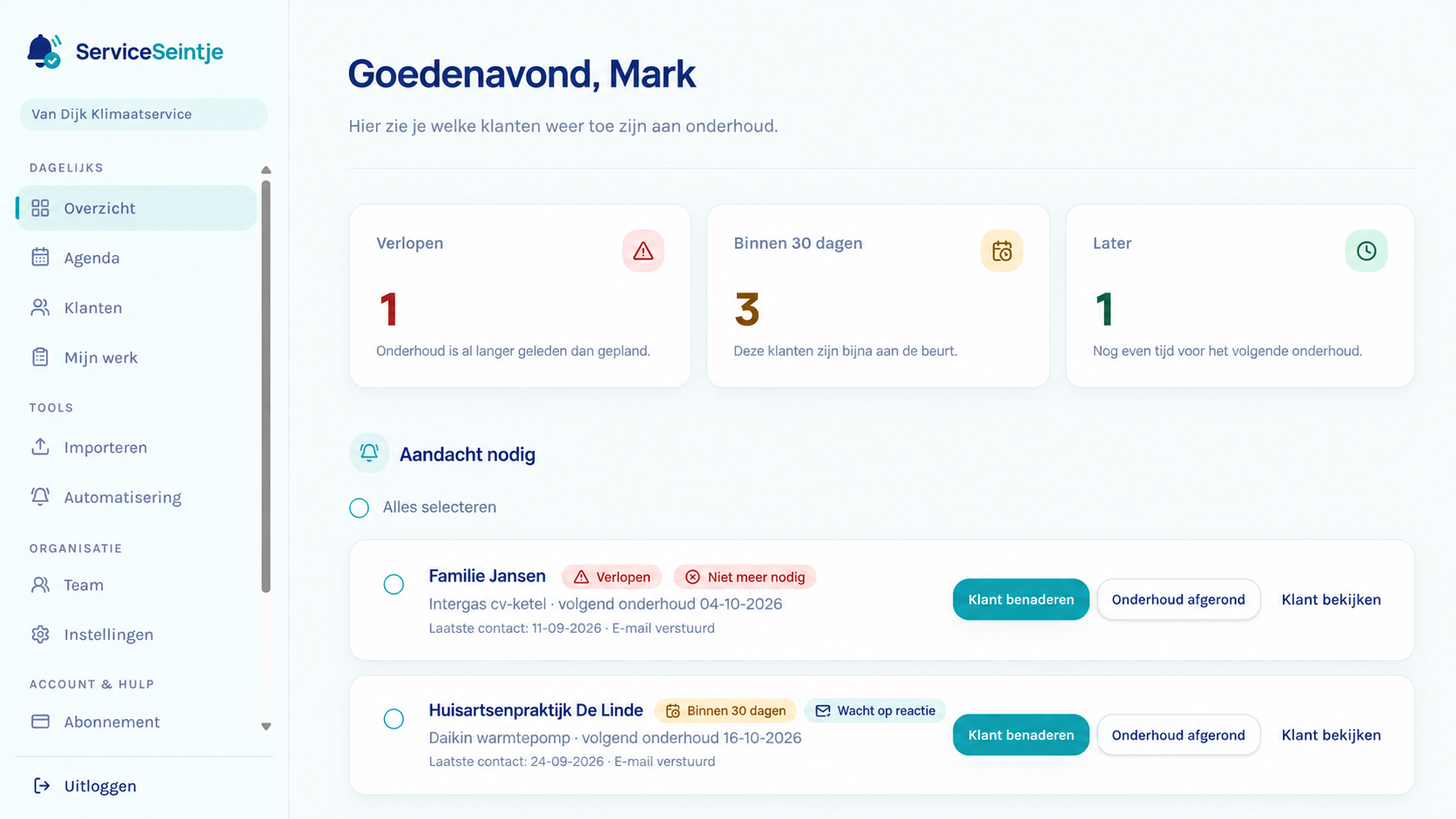 ServiceSeintje dashboard met aankomende servicemomenten